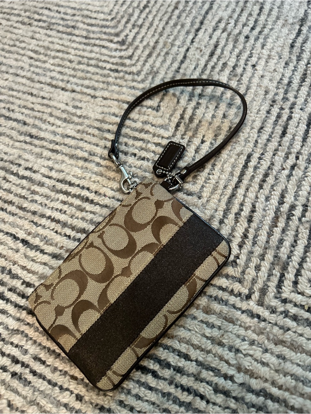 Coach Tan Brown Signature Jacquard Wristlet Clutch Wallet Pouch Leather Trim
